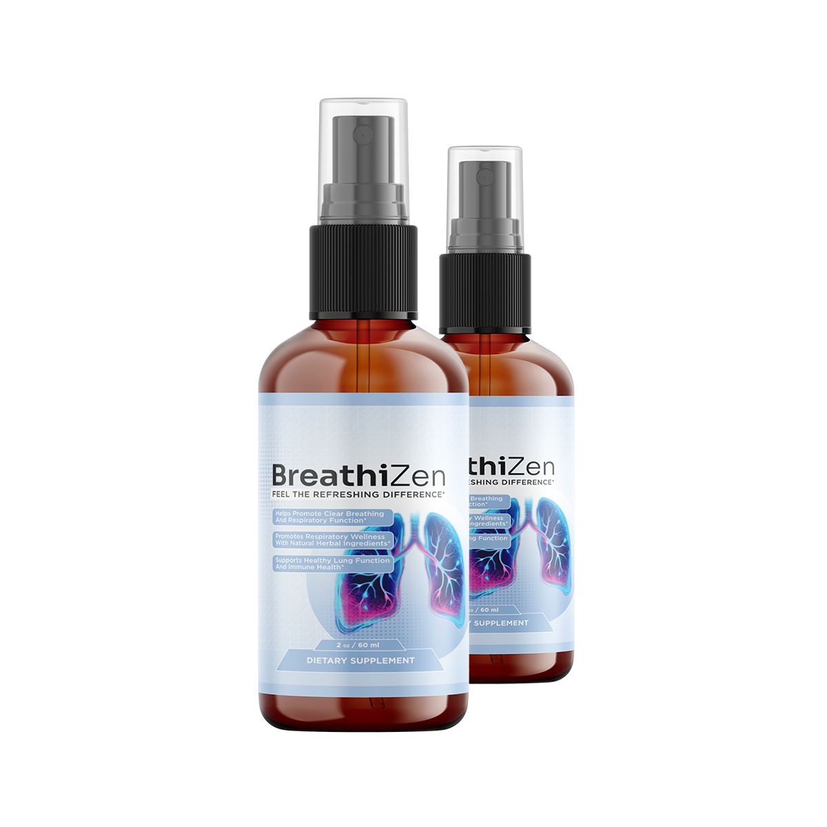 Two amber bottles of Breathizen respiratory wellness spray
